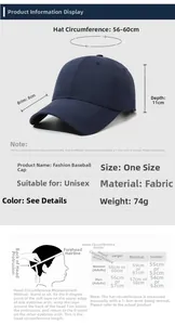 Detailed size chart showing cap brim 8cm, depth 11cm, and 56-60cm circumference