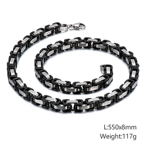 Detail of 550mm x 8mm black and silver Byzantine chain link necklace with size specs