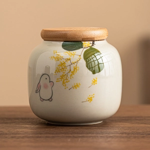 Ceramic Tea Caddy Airtight Storage Jar Hand Painted Rabbit Osmanthus Pattern Moisture Proof Portable Porcelain Container