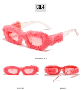 Macro shot of creative pink plush square sunglasses with transparent temples from multiple angles
