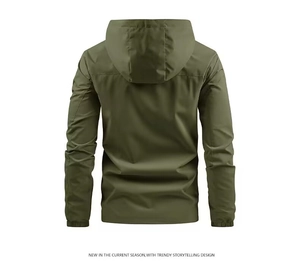 Rear view of an army green hooded windbreaker jacket with functional windproof fabric