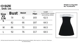 Detailed size chart for off-shoulder bodycon dress with bust and waist measurements