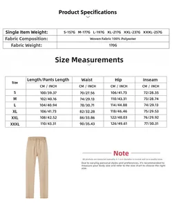 Detailed size chart and fabric weight parameters for men's loose casual woven pants