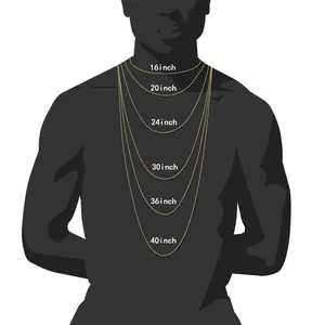 Detailed necklace length reference chart showing fit from 16 to 40 inches on a model