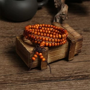 108 sandalwood-style wooden prayer beads with Chinese knot on vintage wood box