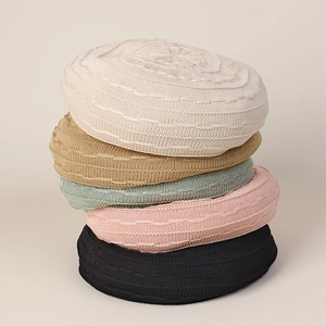 Detailed close-up of colorful knitted berets showing ribbed texture and floral top pattern