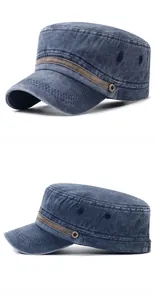 Detail view of washed cotton military cap with leather strap and reinforced stitching
