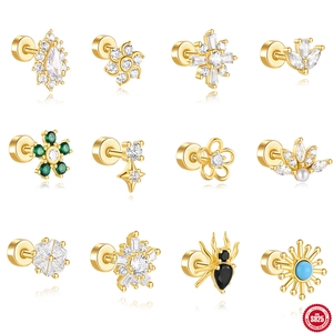 925 Sterling Silver Geometric Zirconia Piercing Stud Earrings Gold Flat Back Cartilage Screw Earring For Women Jewelry