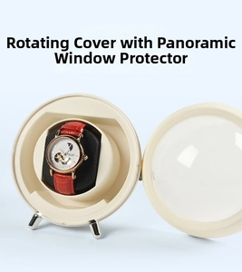 Automatic watch winder with rotating cover and panoramic clear window in off-white finish