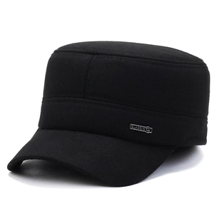 Classic black cadet cap for men with warm ear protection and premium wool-like fabric