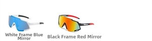 Comparison of white and black frame sports sunglasses with blue and red mirrored lenses