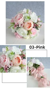 Close-up of pink artificial roses and peonies bouquet with silk ribbon detail
