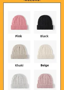 Detailed grid view showcasing six color options of thick cable knit winter beanies