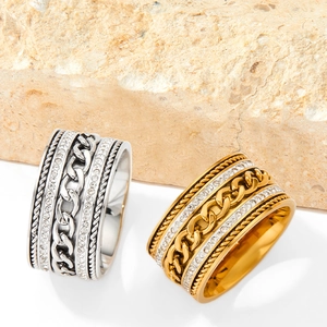 Double row rhinestone stainless steel wide ring with Cuban chain and rope textures