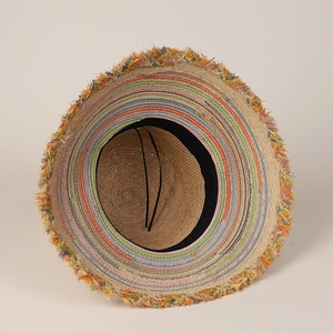 Handmade raffia sun hat with rainbow brim interior and frayed edges for women