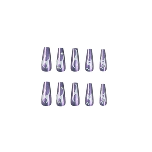 Purple glitter coffin press-on nails with silver flame and ghost patterns, 10-piece set