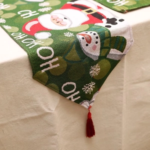 Christmas Table Runner Cotton Linen Jacquard Festive Tassels Holiday Dining Party Decor Snowman Santa Reindeer