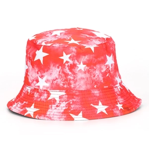 Detailed view of red and white tie-dye bucket hat with white star print pattern