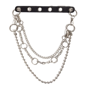 Double-layered hip hop pants chain with black leather strap and metallic punk links