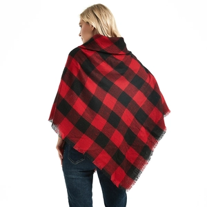 Red and black buffalo plaid poncho cape with hood and fringe trim for women