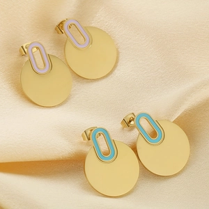 Polished gold stainless steel earrings with lavender and light blue enamel geometric discs