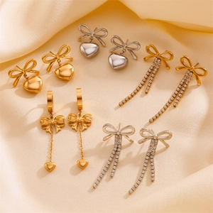 Stainless Steel Bow Tassel Heart Earrings Rhinestone Inlaid Drop Earrings For Women Elegant Fashion Jewelry Gift