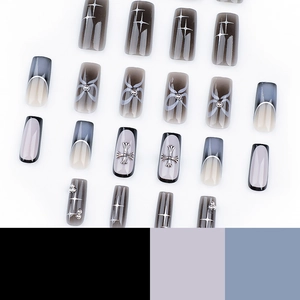 Square black gradient press-on nails with silver cross and pearl bow accents