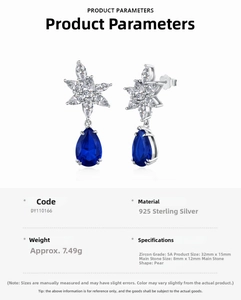 Macro detail of S925 sterling silver earrings with pear-cut blue sapphire and white zircon