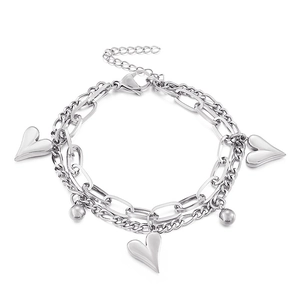 Double-layer silver heart bracelet with Figaro chain and adjustable lobster clasp design