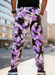 Rear view of men's cargo pants in purple camouflage print with a stylish jogger fit