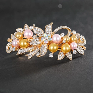 Pince à cheveux élégante en métal doré avec perles roses et motifs floraux en strass