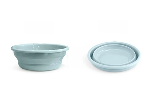 Collapsible washbasin showing expanded and folded states to demonstrate space-saving design