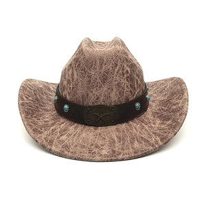 Western cowboy hat with cracked suede texture and star turquoise leather band