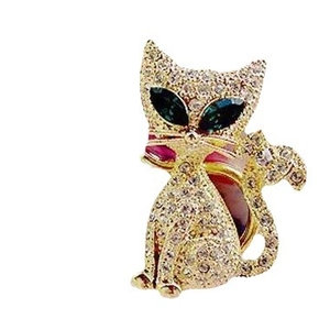 Cute gold-tone cat brooch with sparkling rhinestones, green eyes, and red enamel details
