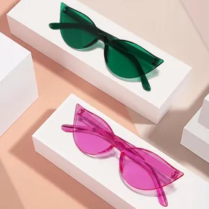 Cat eye sunglasses in transparent green and pink colors on geometric display stands