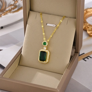 Square Gemstone Pendant Necklace Titanium Steel Copper Cubic Zirconia Halo Vintage Luxury Jewelry For Women Gold Plated
