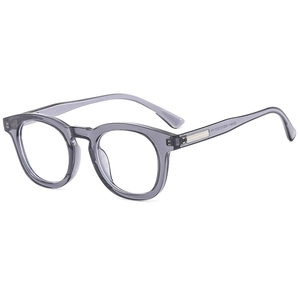 Fashionable round grey translucent sunglasses with silver metal temple details for men and women
