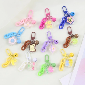 Set of 12 cute cartoon animal keychains with colorful plastic chains and bells