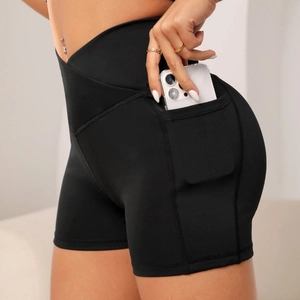 Women High Waist Cross Waist Yoga Shorts With Pockets Polyester Moisture Wicking Breathable Athletic Workout Running Gym Bottom