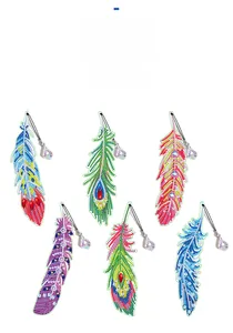 Detailed close-up of six DIY diamond painting feather bookmarks with crystal pendants