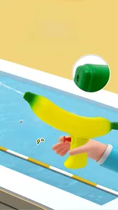 Banana water gun toy with a 6-8 meter spray range shown against a pool background