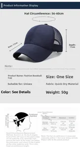 Guide des tailles pour casquette de baseball en mesh bleu marine avec mesures de la tête