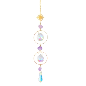 Golden sun garden wind chime with purple stones and clear crystal spheres in vertical view