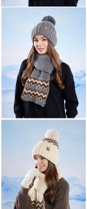 Close-up of knit texture and faux fur pom-pom on winter hat scarf and gloves set