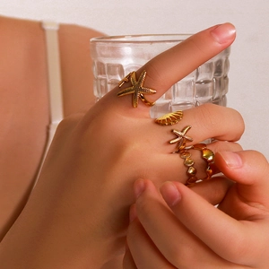 18K gold plated stainless steel starfish and seashell rings set for beach vacation