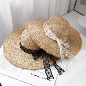 Damen Strohhut Mit Breiter Krempe Spitzenband Schleife Fransenrand Papierstroh Strand Urlaub Sommer UV-Schutz
