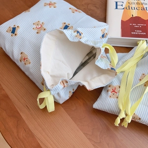 Blue striped drawstring cotton storage bag with cute bear print and yellow ribbon cord
