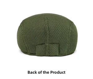 Detail view of the breathable dark green mesh fabric and elastic back on the flat cap
