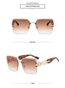 Detailed front and side view of gold square rimless sunglasses with gradient brown lenses
