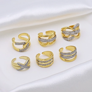 Fashion X-Shaped Striped Copper Zirconia Bicolor Open Ring Luxury Adjustable Geometric Jewelry Finger Ring For Women